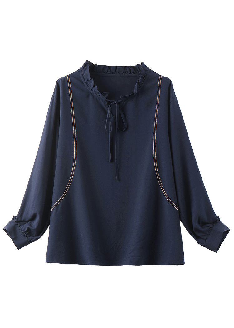 Navy Neck Tie Patchwork Chiffon Shirt Long Sleeve