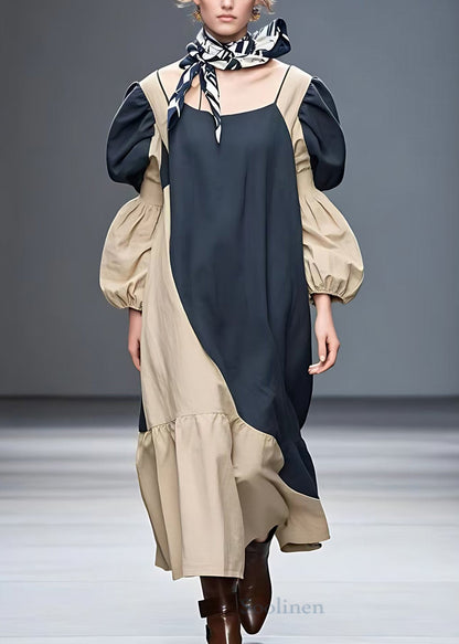Navy O-neck Patchwork Cotton Maxi Dress Fall