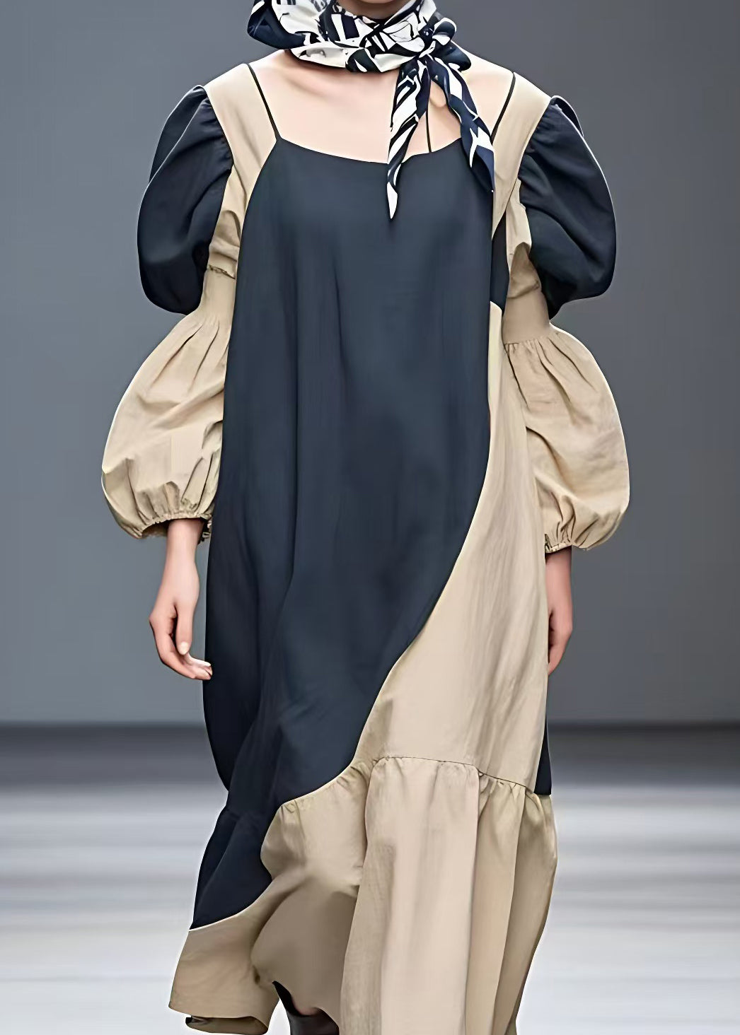 Navy O-neck Patchwork Cotton Maxi Dress Fall