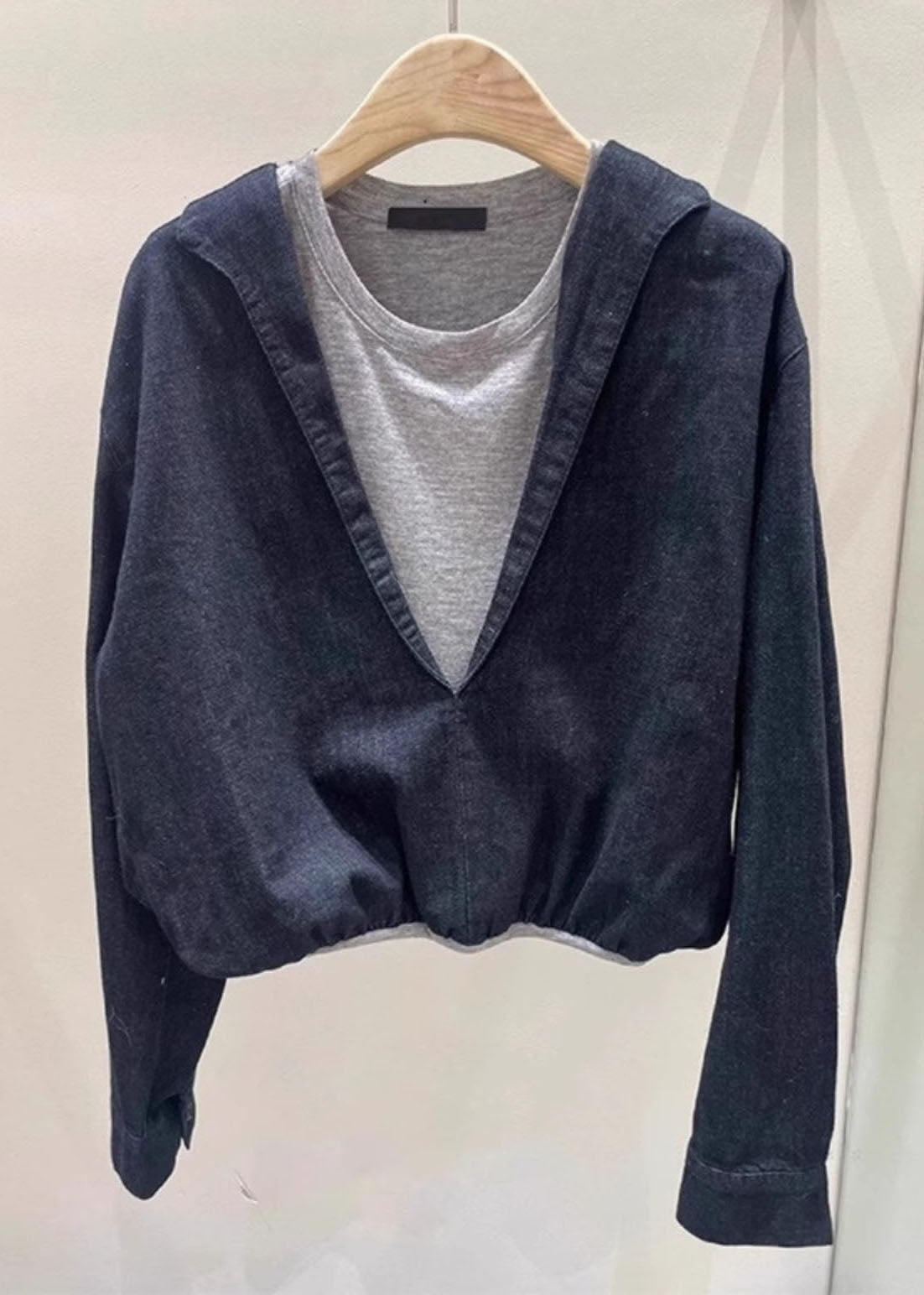Chic Navy O Neck Patchwork False Two Pieces Cotton Top Spring