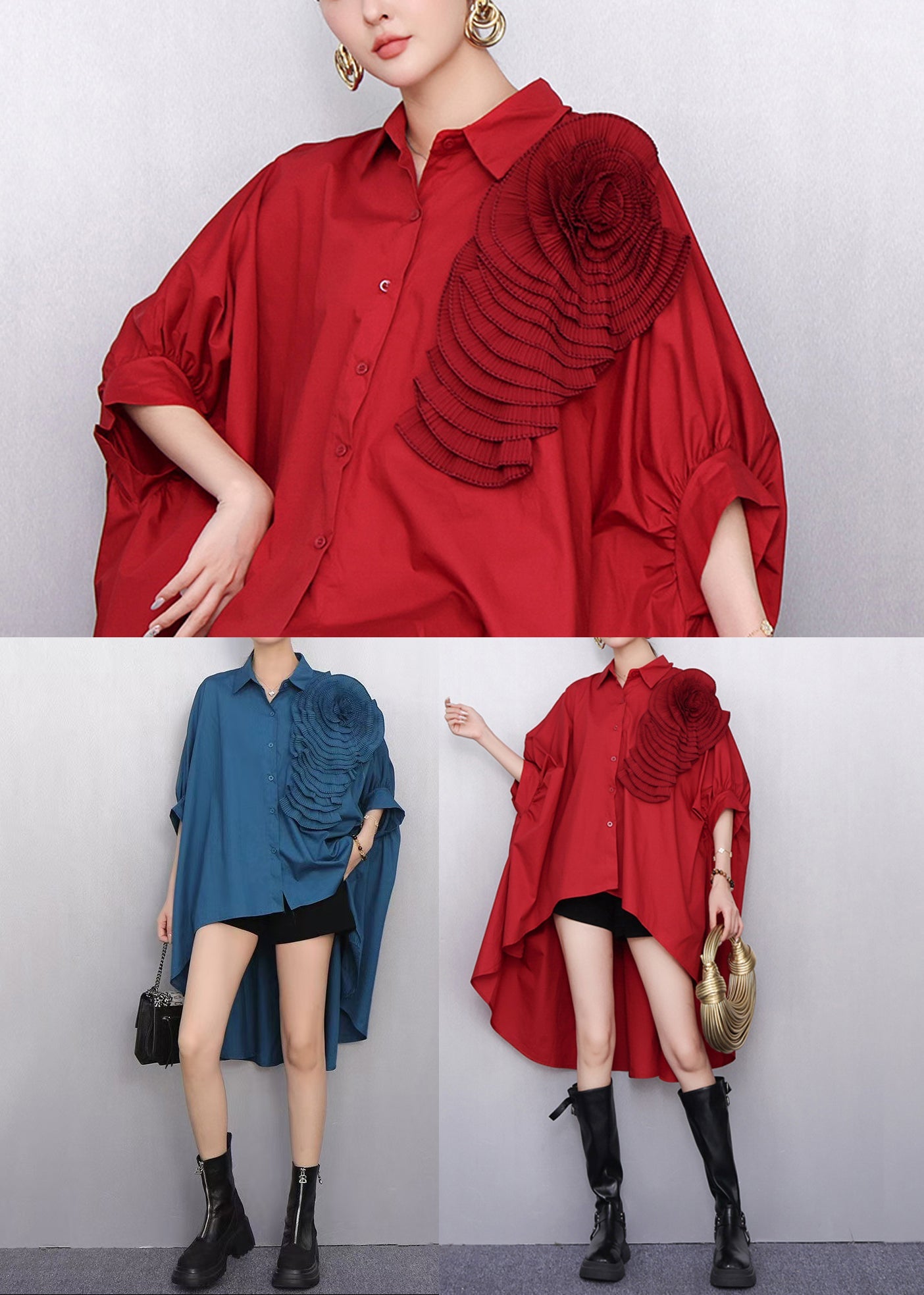 Chic Navy Oversized Stereoscopic Flower Low High Design Long Shirts
