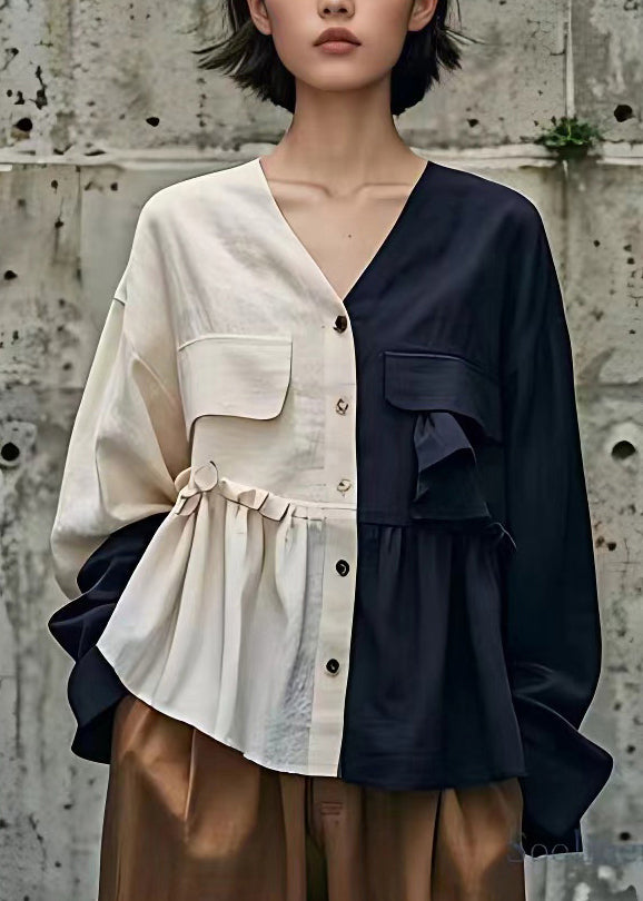 Navy Patchwork Wrinkled Button Top Long Sleeve