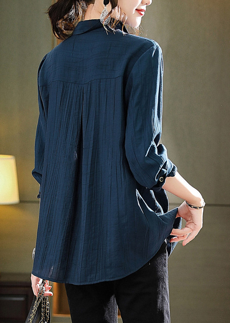 Navy Peter Pan Collar Print Patchwork Button T Shirts Long Sleeve