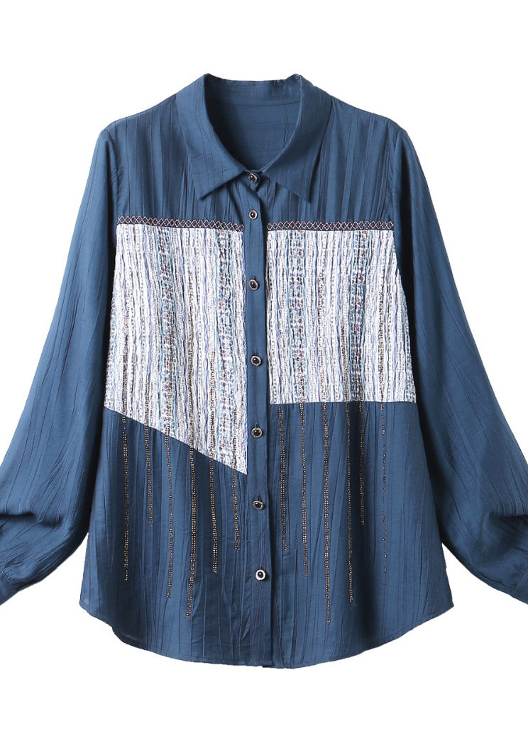 Navy Peter Pan Collar Print Patchwork Button T Shirts Long Sleeve