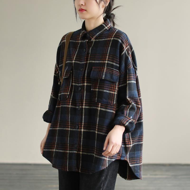 Chic Navy Plaid Tunic Pattern Lapel Patchwork Knee Spring Top
