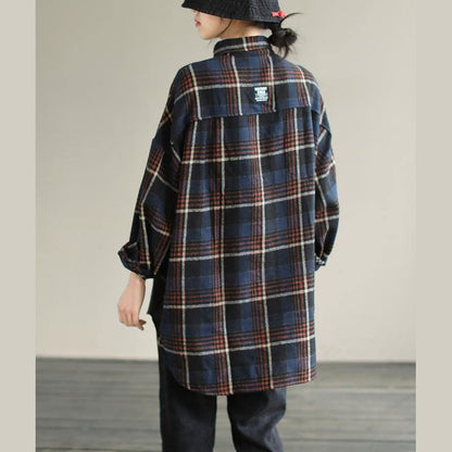 Chic Navy Plaid Tunic Pattern Lapel Patchwork Knee Spring Top