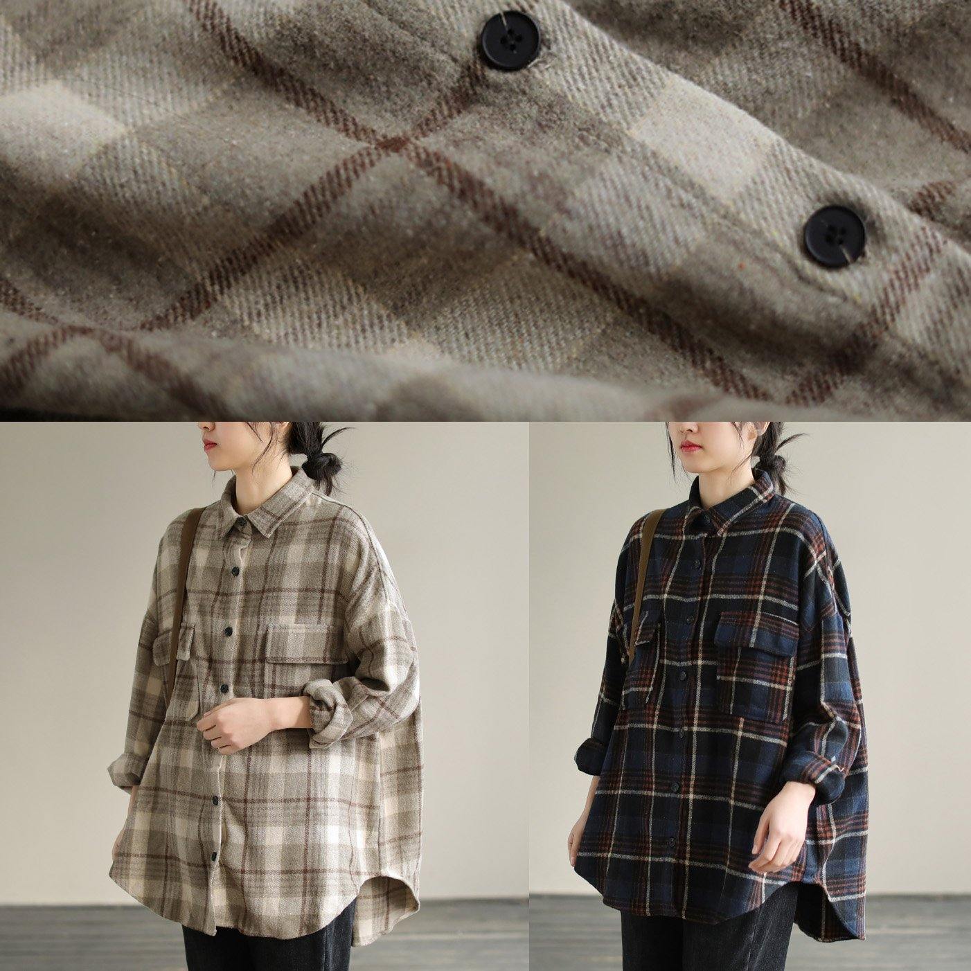 Chic Navy Plaid Tunic Pattern Lapel Patchwork Knee Spring Top