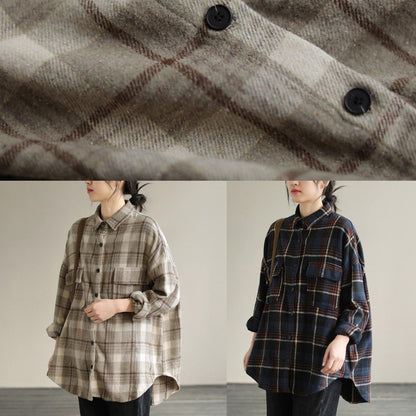 Chic Navy Plaid Tunic Pattern Lapel Patchwork Knee Spring Top