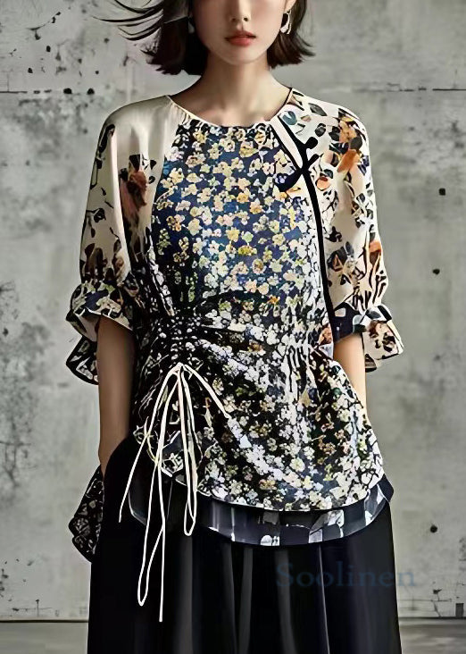 Navy Print Drawstring Cotton Shirt Half Sleeve