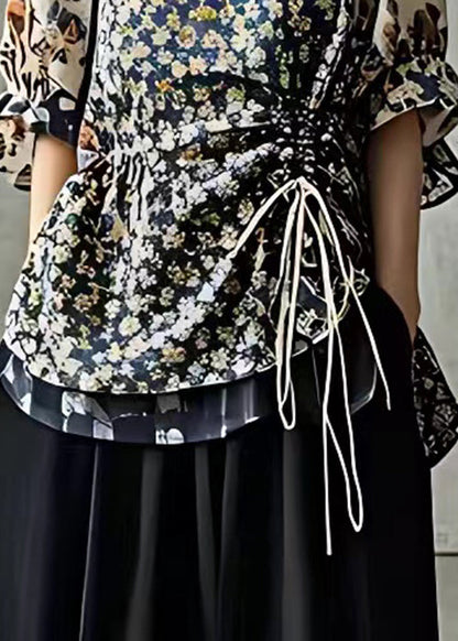 Navy Print Drawstring Cotton Shirt Half Sleeve