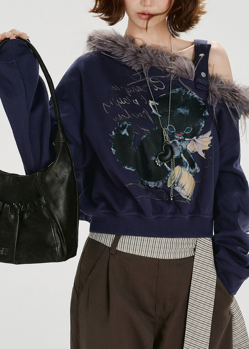 Navy Print Fur Collar Patchwork Cotton Tops Spring