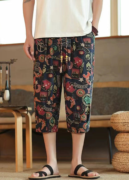 Navy Print Lace Up Elastic Waist Cotton Crop Pants