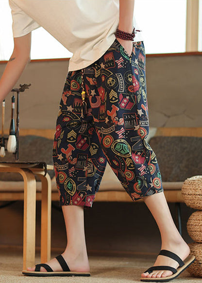 Navy Print Lace Up Elastic Waist Cotton Crop Pants