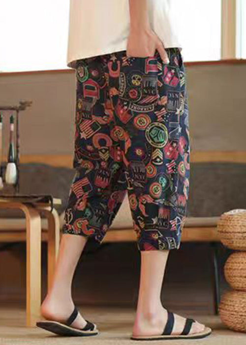 Navy Print Lace Up Elastic Waist Cotton Crop Pants