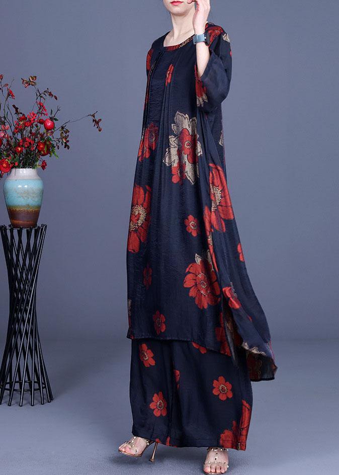 Navy Print Long Smock Wide Leg Chiffon Two Pieces Sets