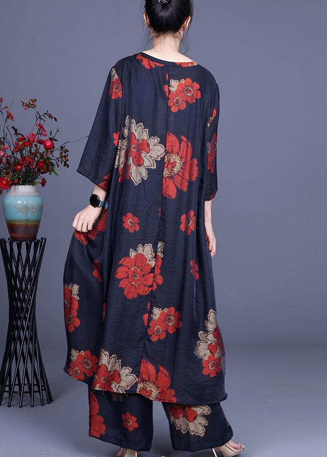 Navy Print Long Smock Wide Leg Chiffon Two Pieces Sets