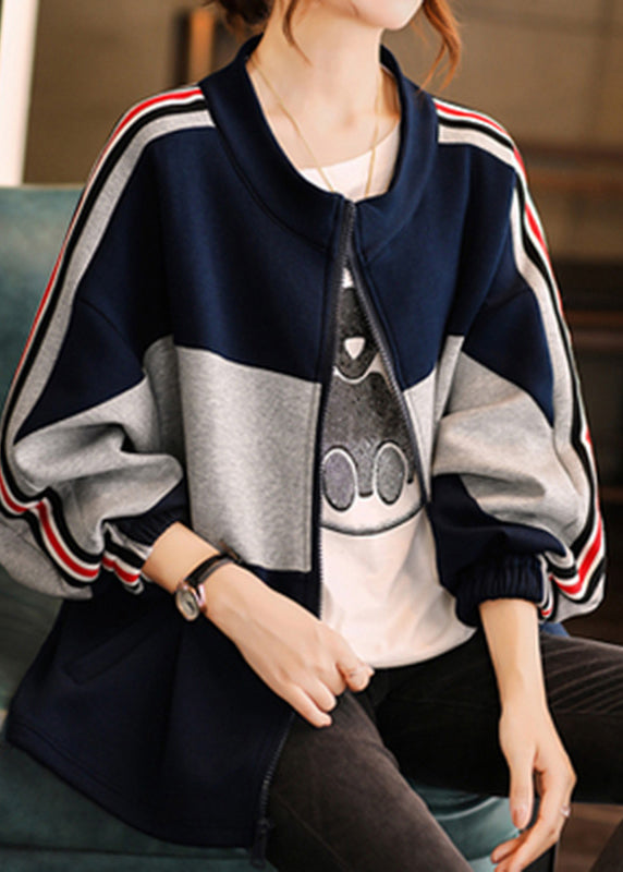 Navy Stand Collar Zippered Patchwork Coat Fall