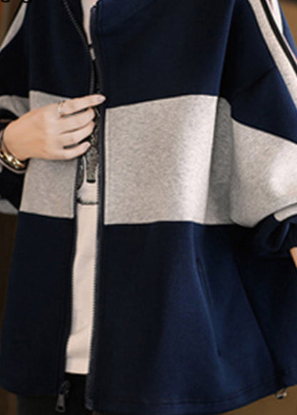Navy Stand Collar Zippered Patchwork Coat Fall