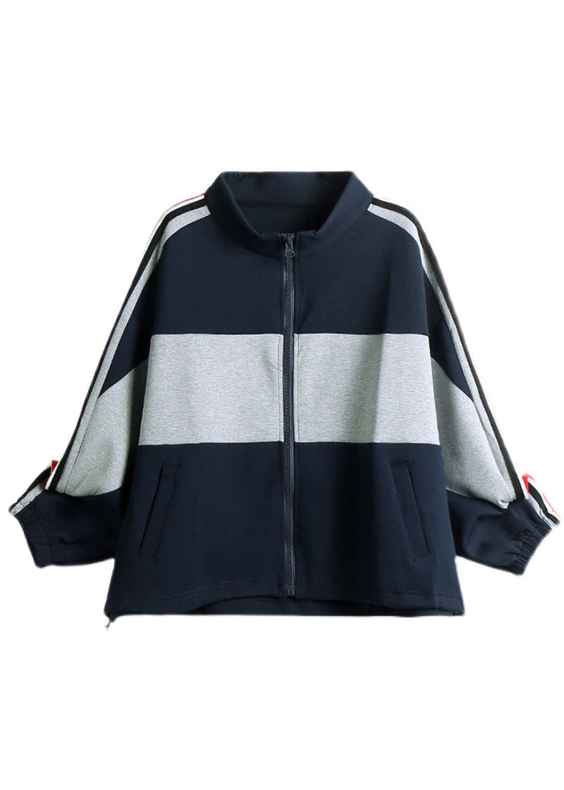Navy Stand Collar Zippered Patchwork Coat Fall