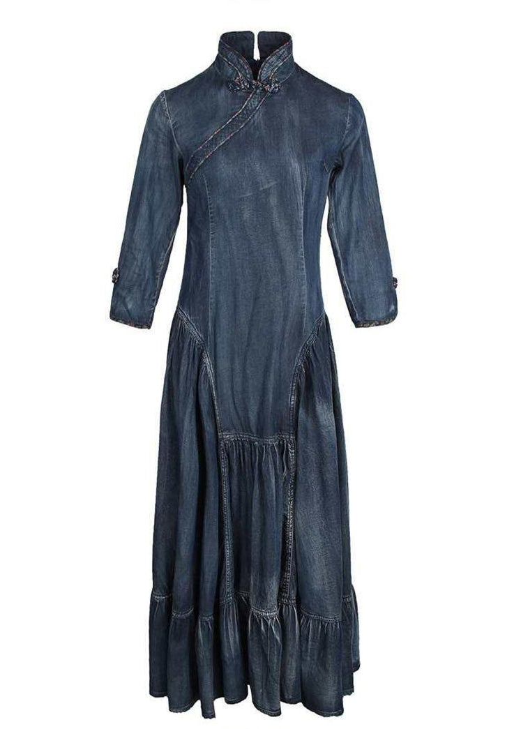 Navy Stand Collar Asymmetrical Design Ruffles Cotton Denim Dresses Long Sleeve