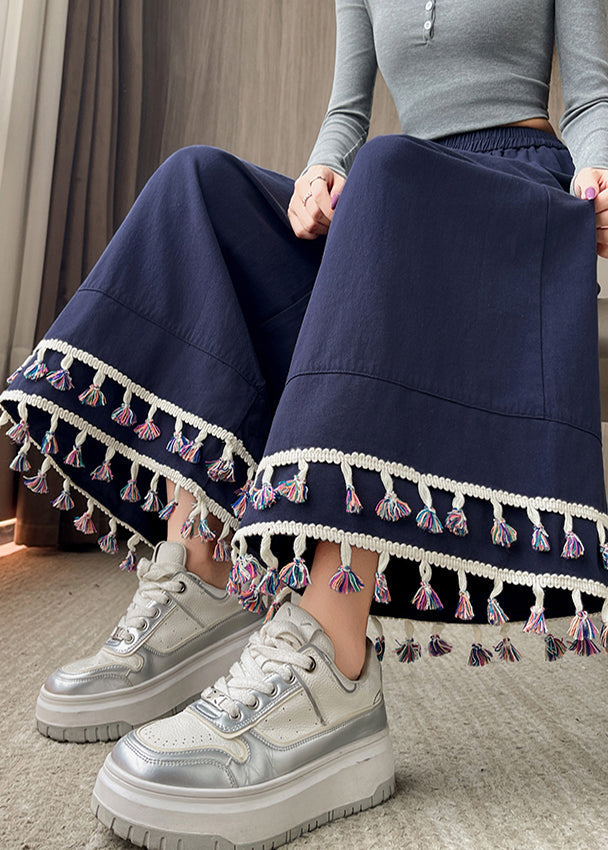Navy Tasseled Cotton Wide Leg Pants Trousers Spring