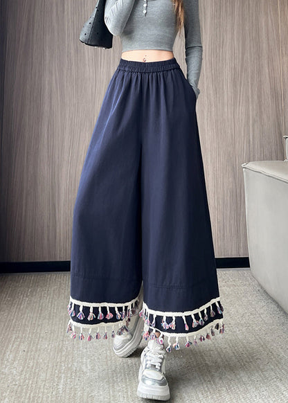 Navy Tasseled Cotton Wide Leg Pants Trousers Spring