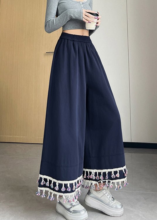 Navy Tasseled Cotton Wide Leg Pants Trousers Spring