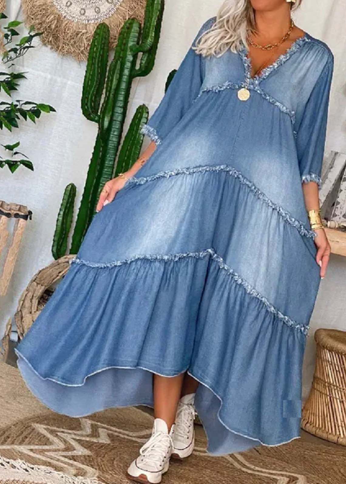 Navy V Neck Patchwork Tassel Denim Long Dress Half Sleeve