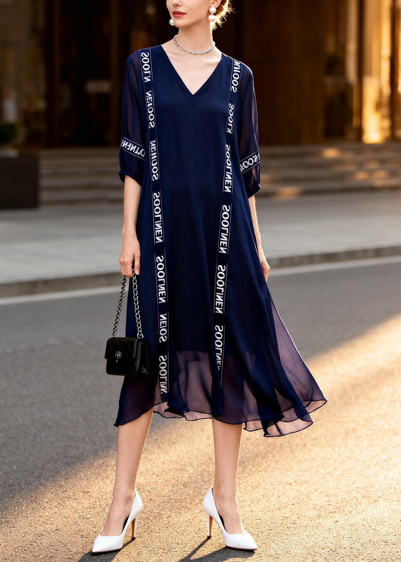 Navy V Neck Print Chiffon Dress Summer
