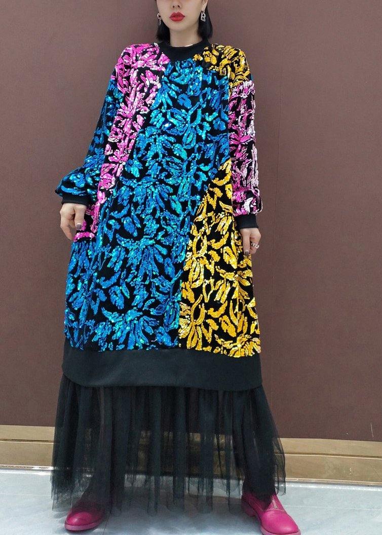 O Neck Patchwork Tulle Spring Quilting Dresses Sequined Vestidos De Lino Dresses