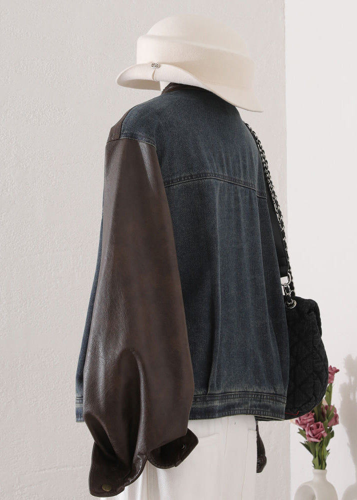O Neck Pockets Faux Leather Patchwork Denim Coat Spring