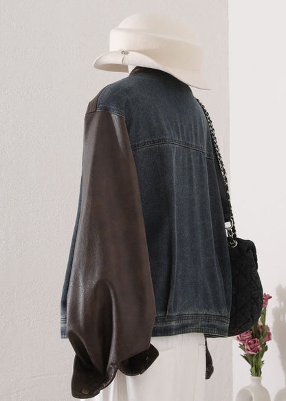O Neck Pockets Faux Leather Patchwork Denim Coat Spring