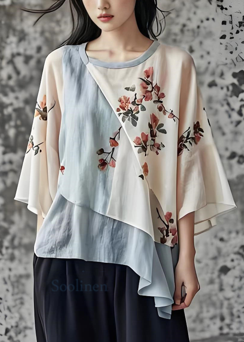 O Neck Print Asymmetrical Patchwork Cotton Top Summer