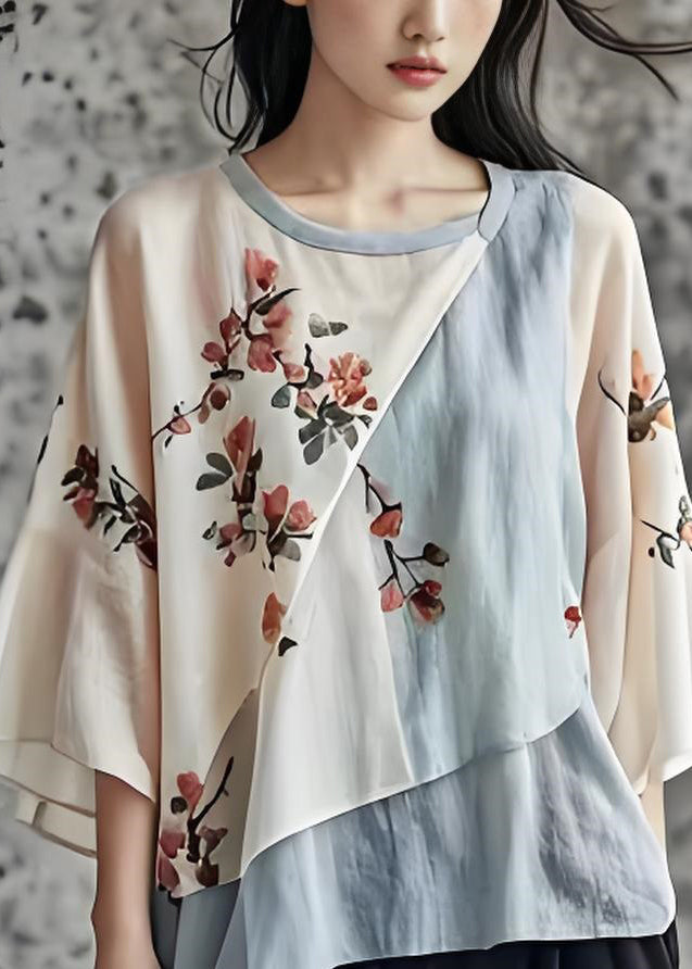 O Neck Print Asymmetrical Patchwork Cotton Top Summer