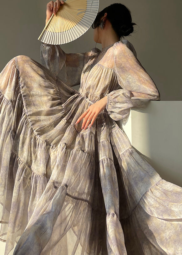O-neck Print Button Wrinkled Chiffon Maxi Dresses Long Sleeve