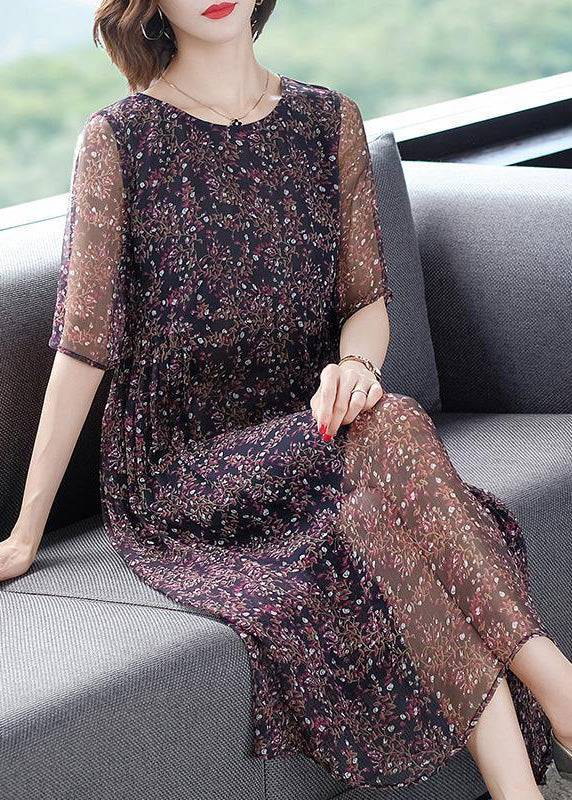 O-neck Print Wrinkled Silk Long Dresses Short Sleeve