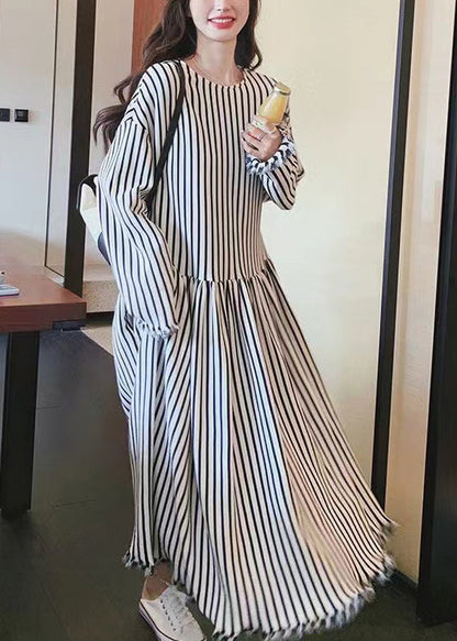 O Neck Striped Patchwork Cotton Long Dresses Long Sleeve