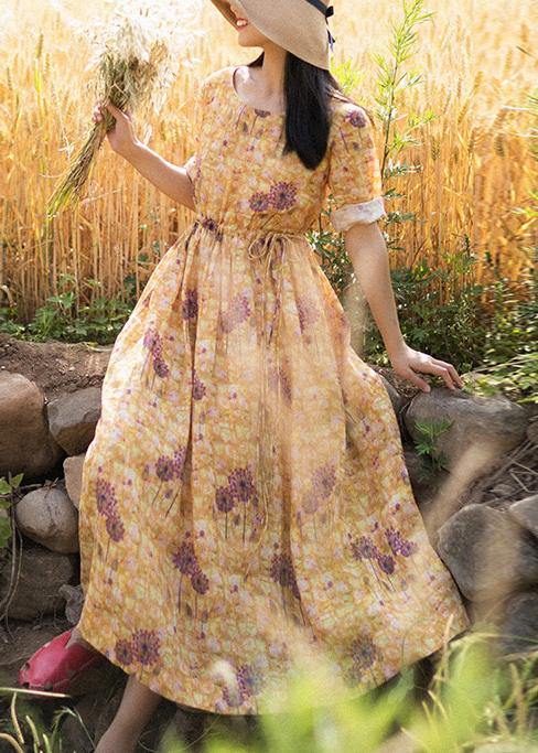 O-neck Summer Clothes Pattern Yellow Print Dress