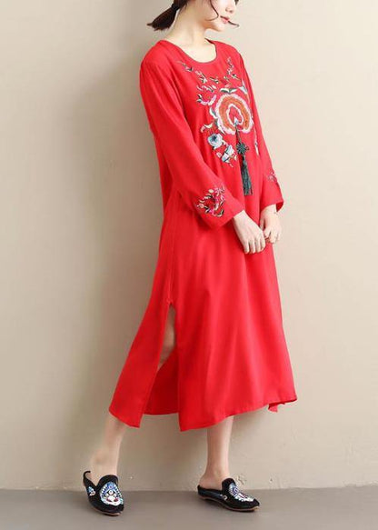 O Neck Tassel Spring Tunics Outfits Red Embroidery a Line Dresses