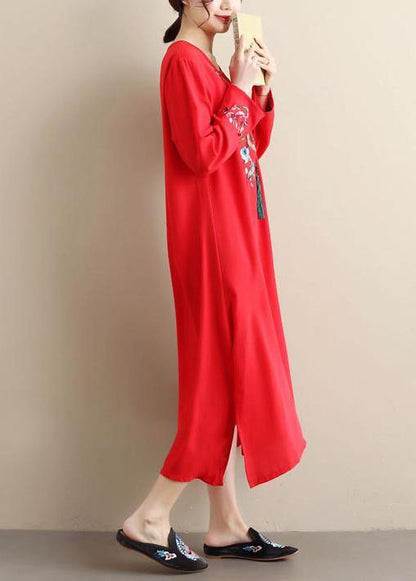 O Neck Tassel Spring Tunics Outfits Red Embroidery a Line Dresses