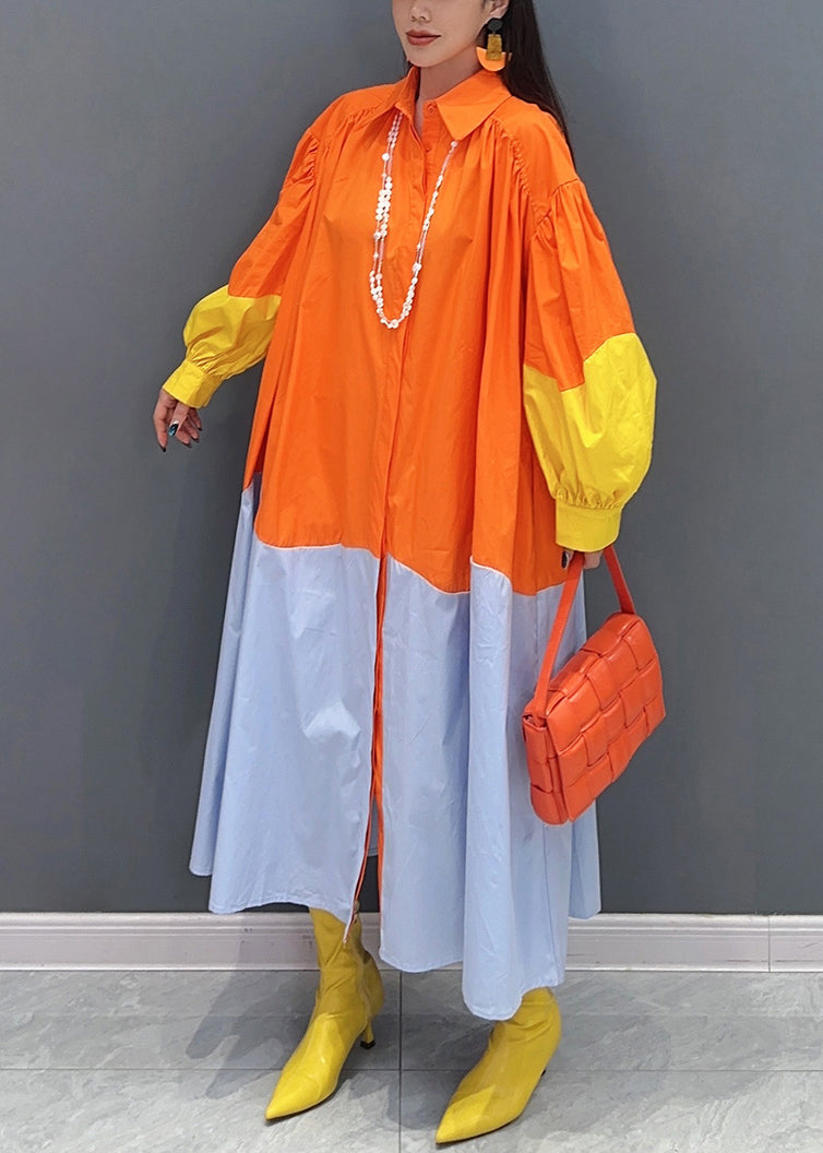 Orange Button Patchwork Cotton Blouses Dresses Long Sleeve