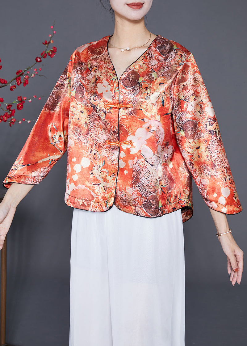Orange Chinese Button Print Silk Shirts Bracelet Sleeve