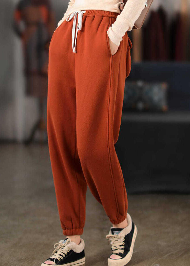 Orange Cinched Pockets Warm Fleece Pants Winter