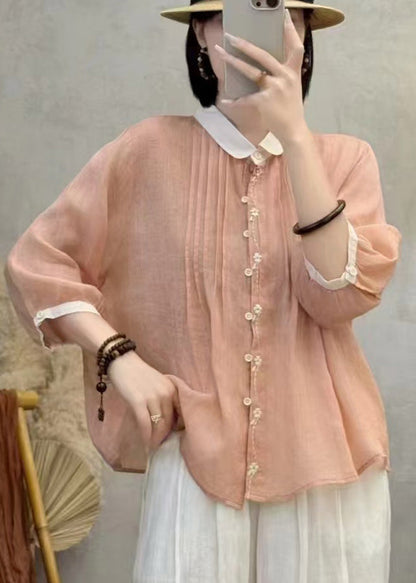 Orange Embroidered Patchwork Wrinkled Linen Blouses Bracelet Sleeve