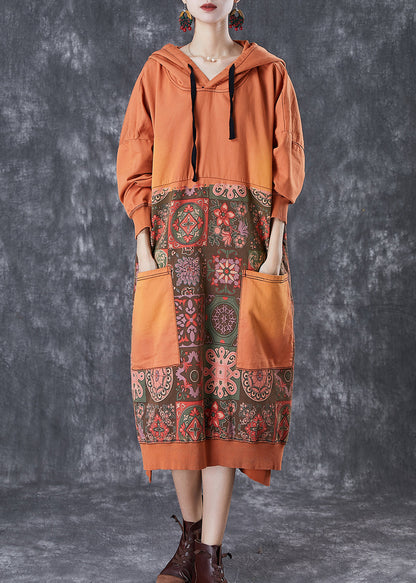 Orange Oversized Patchwork Cotton Pullover Sweatshirt Dress Fall