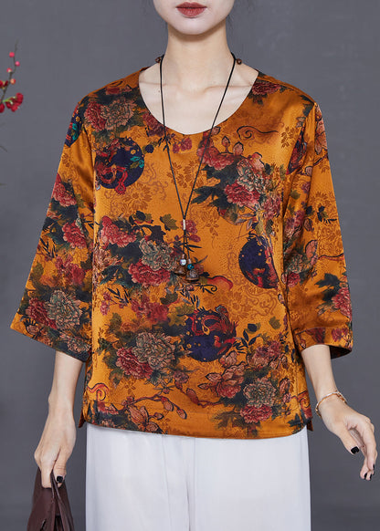 Orange Oversized Print Silk Top Bracelet Sleeve