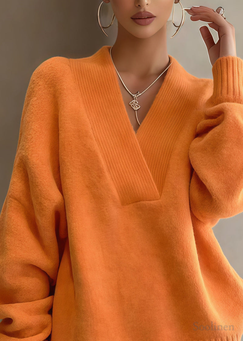 Orange Oversized Warm Knit Sweaters and Shorts Two Piece Set Winter
