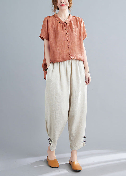 Orange Peter Pan Collar Button Top and Crop Pants Two Pieces Set Summer