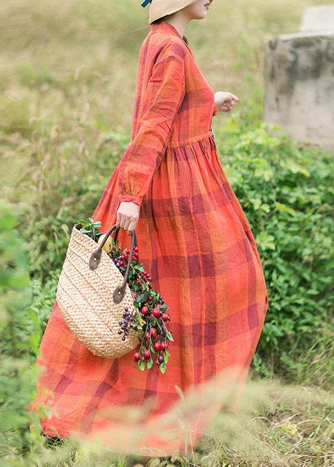 Orange Plaid Clothes O Neck Drawstring Spring Dress