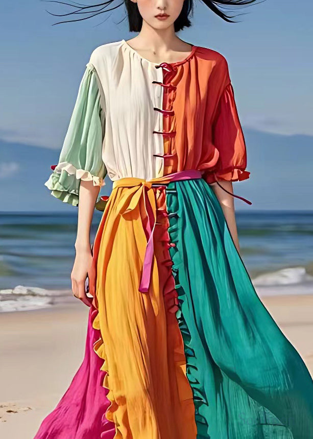 Orange Ruffled Tie Waist Cotton Long Dress Half Sleeve